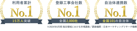 利用者累計、登録工事会社数、自治体連携数No1